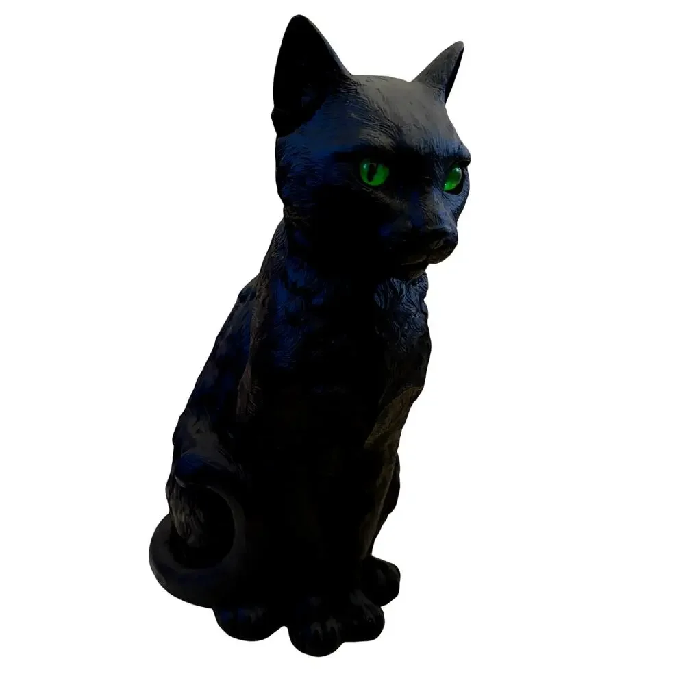 Gothic Black Cat Figurine w/ Piercing Green Eyes 13in Spooky Halloween Decor NEW